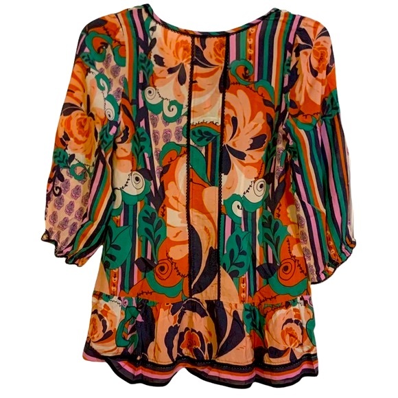 Anthropologie Odille 100% silk print peasant top orange & pink with black lace 6 - Picture 3 of 9